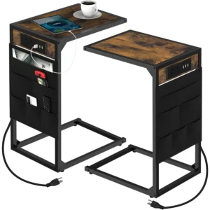 Brown C-Shaped End Table w/Charging+Storage